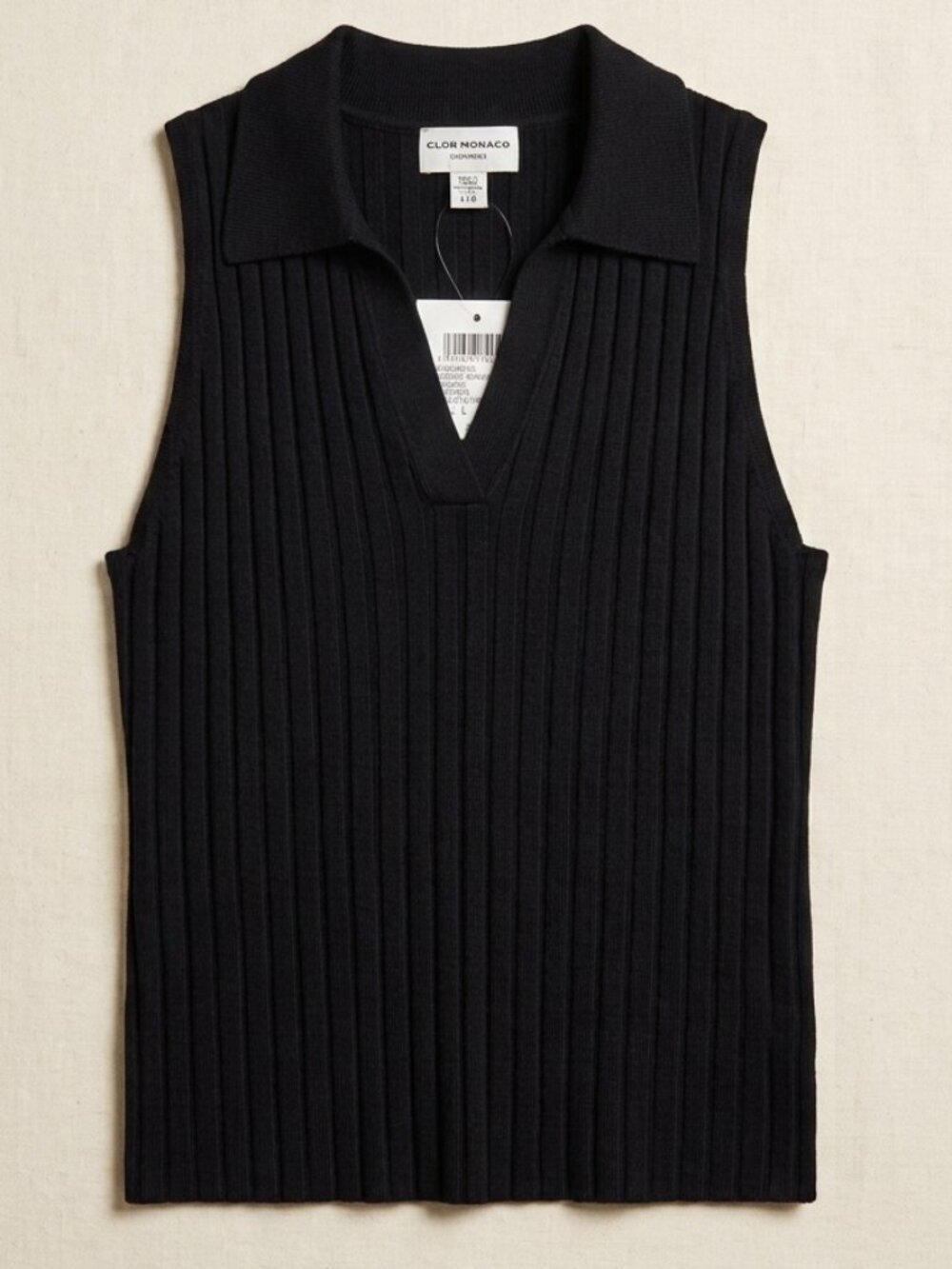 NWT Club Monaco 100% Cashmere Johnny Collar Tank Polo Neck Sweater Black Ribbed